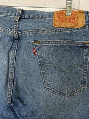 Levi's 501 Button Fly Jeans 33x25.5 Cropped Raw Hem Medium Wash Distressed